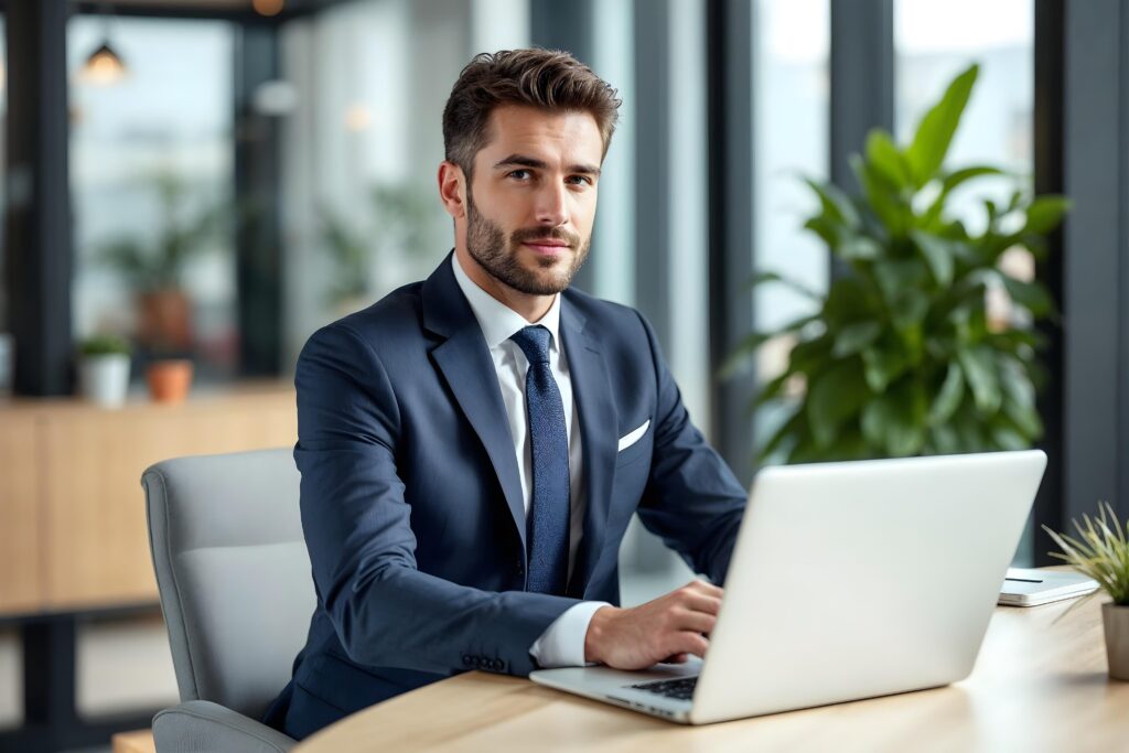 Confident Businessman Using Laptop in Modern Office